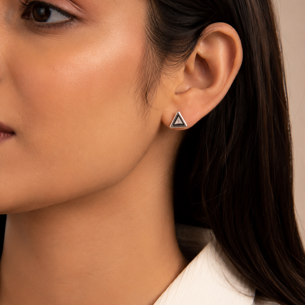 Geometric Sparkle Triangle Silver Stud Earrings