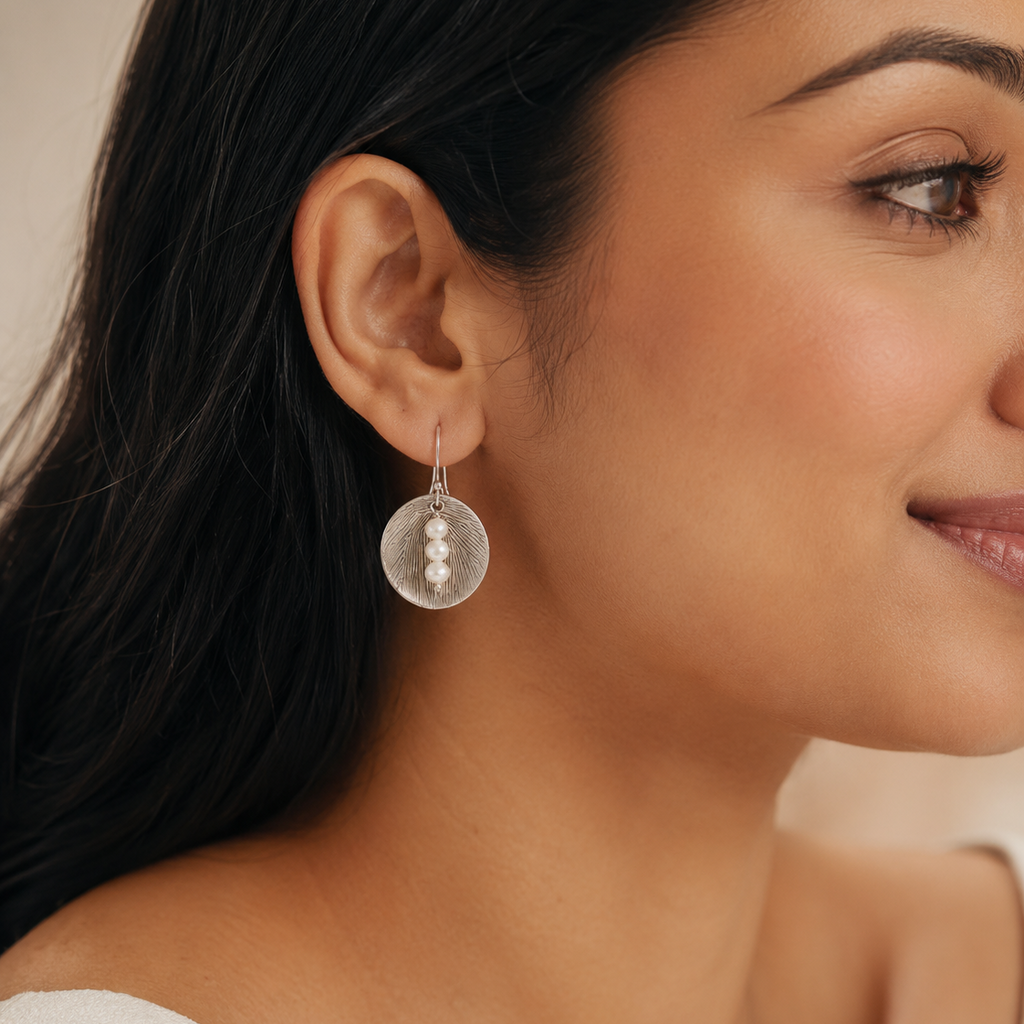 A close-up of a woman wearing a silver-toned dangle earring with a circular textured disc and a small vertical cluster of white pearls.