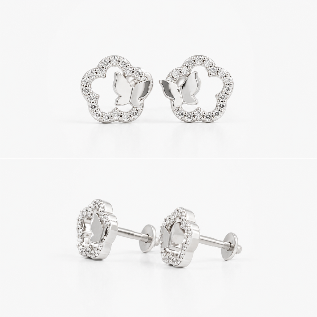 A pair of silver stud earrings with a flower-shaped outline set with small clear stones, shown from both front and side angles on a white background.