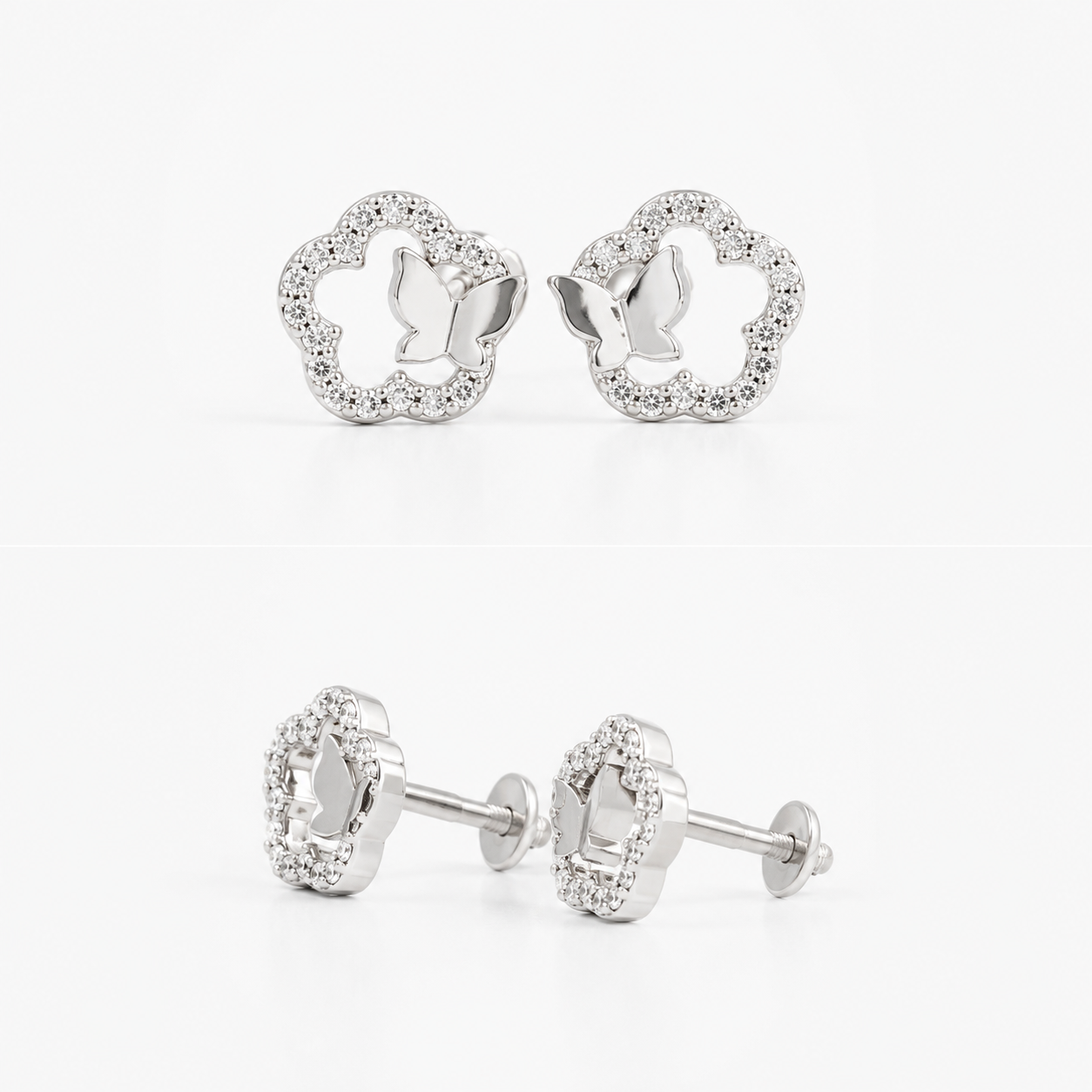 A pair of silver stud earrings with a flower-shaped outline set with small clear stones, shown from both front and side angles on a white background.