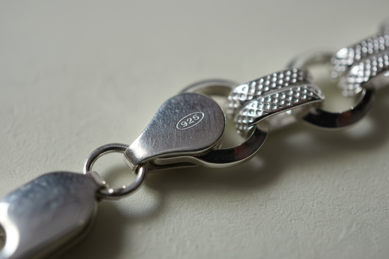 925 Hallmark Macro Close-up – Textured Link Sterling Silver Bracelet