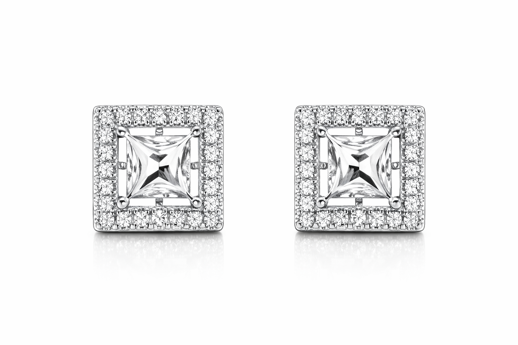 Square Princess Cut Halo Stud Earrings