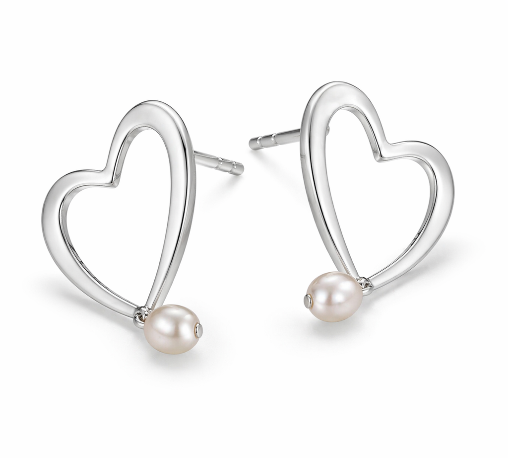 Sterling Silver Open Heart Pearl Earrings - 925 Sterling Silver Earrings | White Background Studio Product Photo | Athira Jewels
