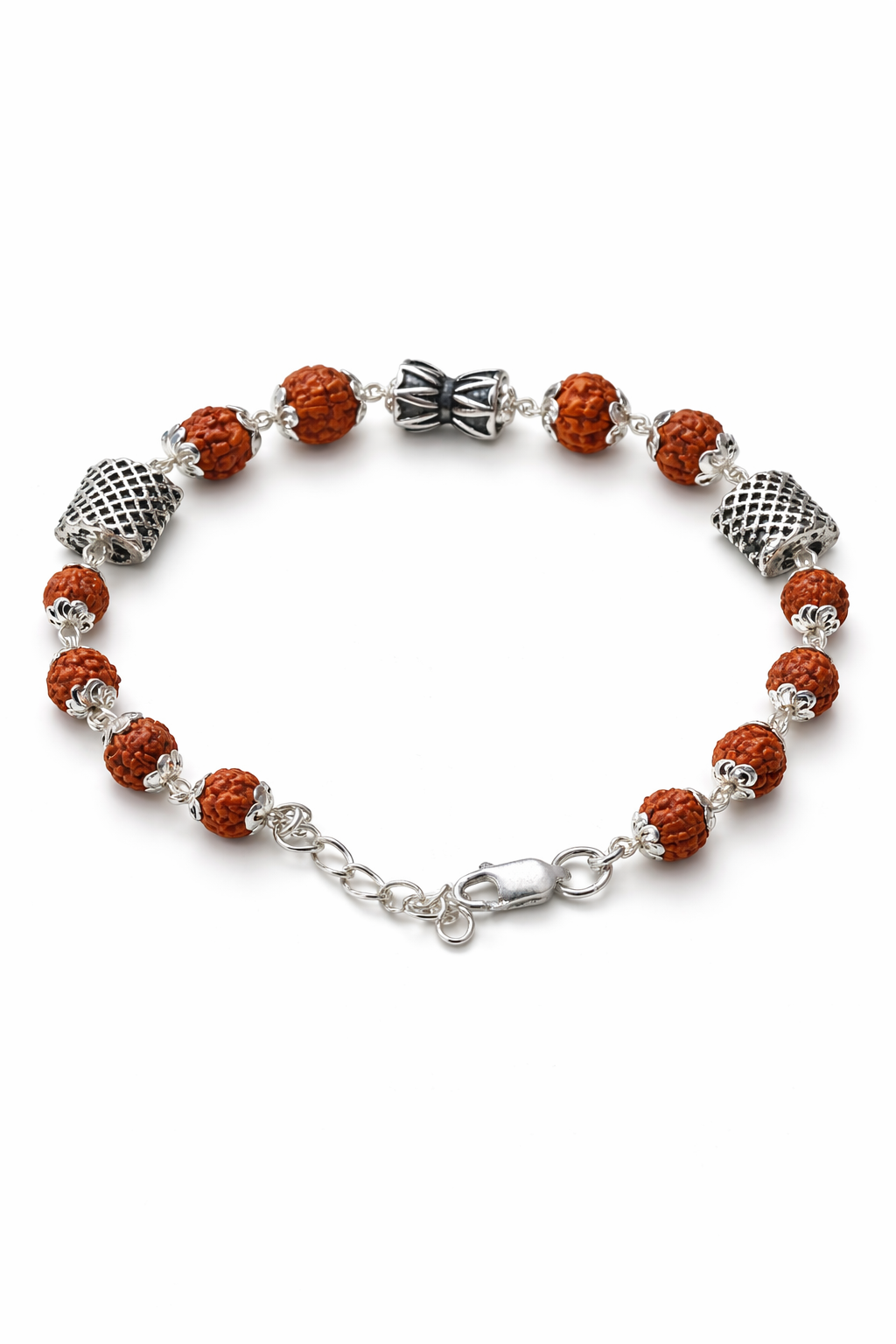 Handcrafted Rudraksha & Oxidised Silver Bracelet - 925 Sterling Silver Bracelet | White Background Studio Product Photo | Athira Jewels
