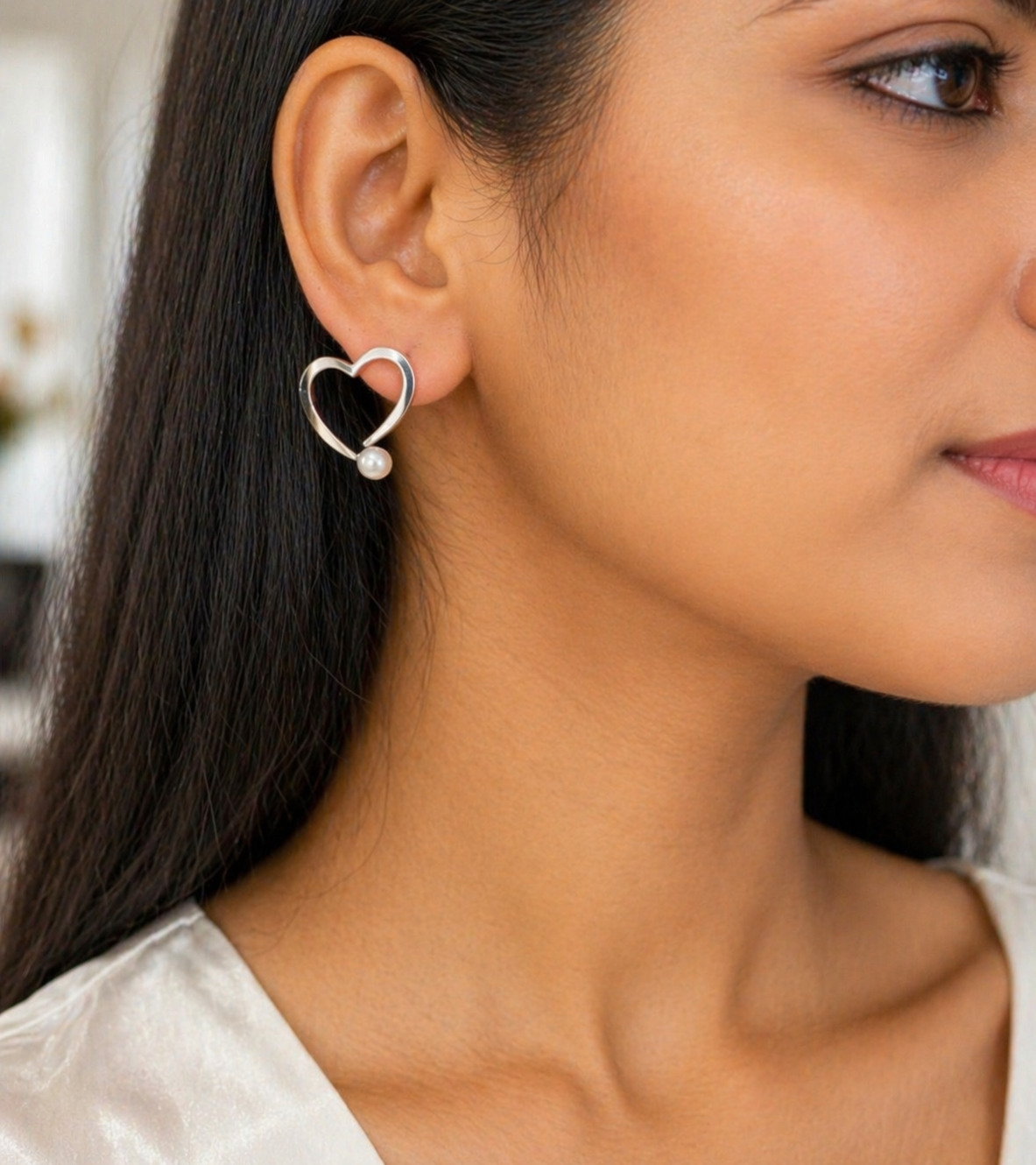 Sterling Silver Open Heart Pearl Earrings - 925 Sterling Silver Earrings | White Background Studio Product Photo | Athira Jewels