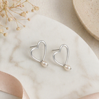 Sterling Silver Open Heart Pearl Earrings - 925 Sterling Silver Earrings | White Background Studio Product Photo | Athira Jewels