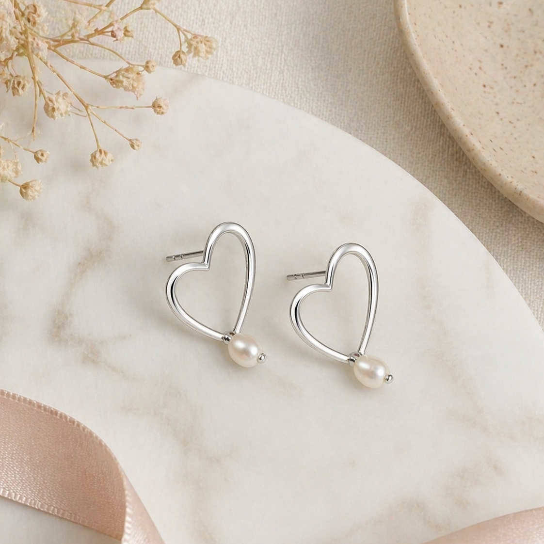 Sterling Silver Open Heart Pearl Earrings - 925 Sterling Silver Earrings | White Background Studio Product Photo | Athira Jewels
