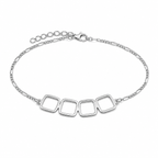 Geometric Square Sterling Silver Anklet - white background studio shot, four open square frames on figaro chain with lobster clasp
