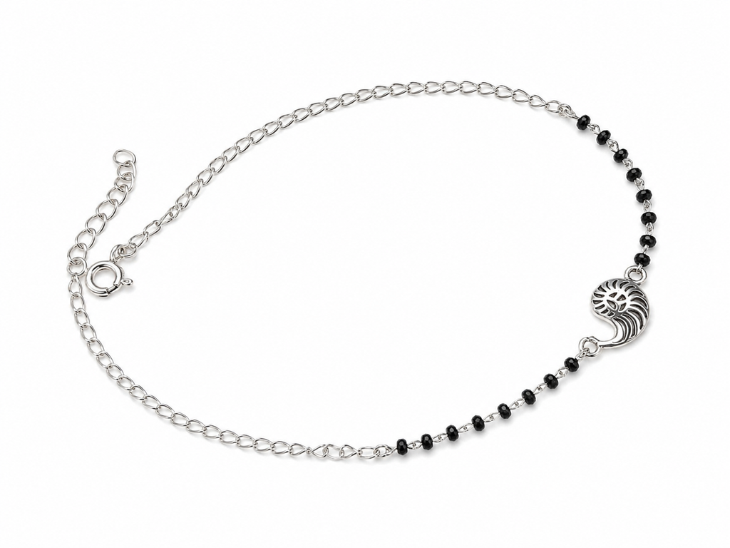 Sterling Silver Black Beaded Nautilus Anklet