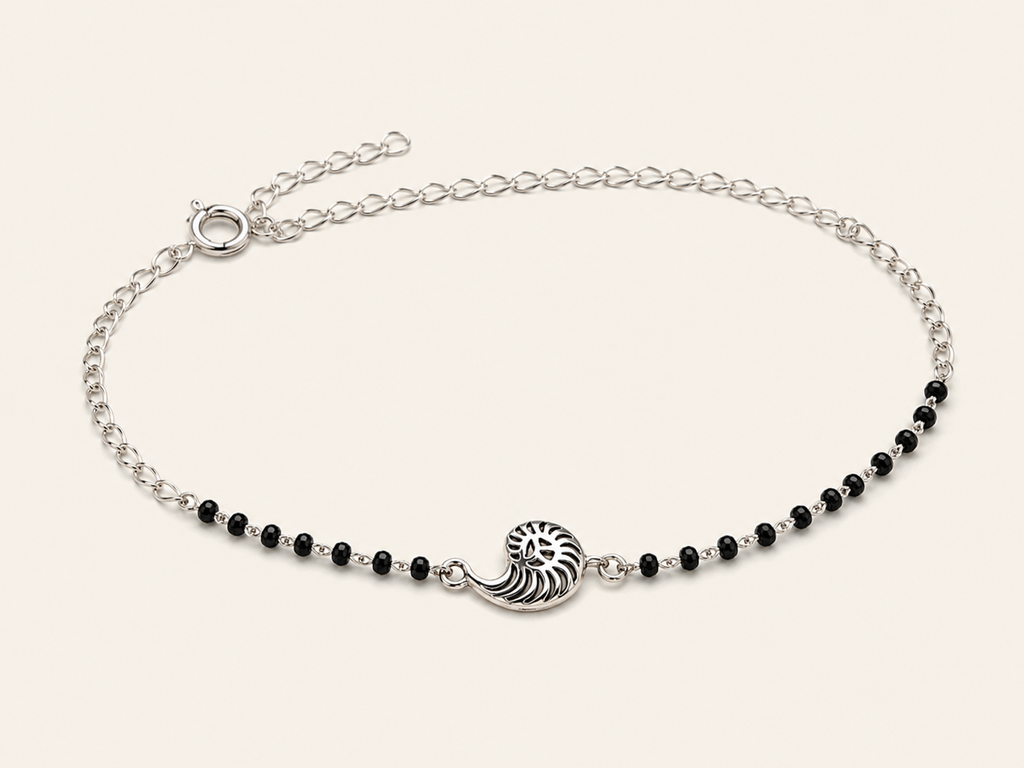 Sterling Silver Black Beaded Nautilus Anklet