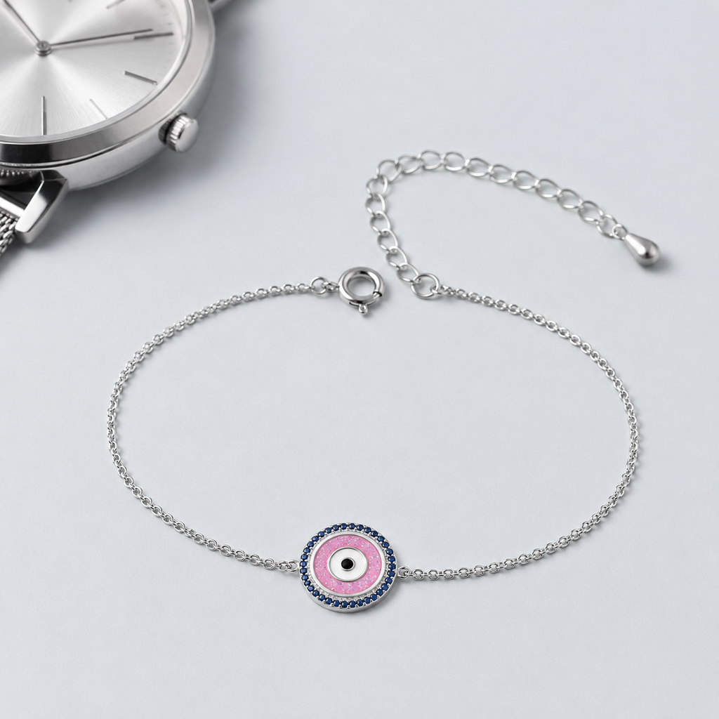 Sterling Silver Pink Evil Eye Charm Bracelet