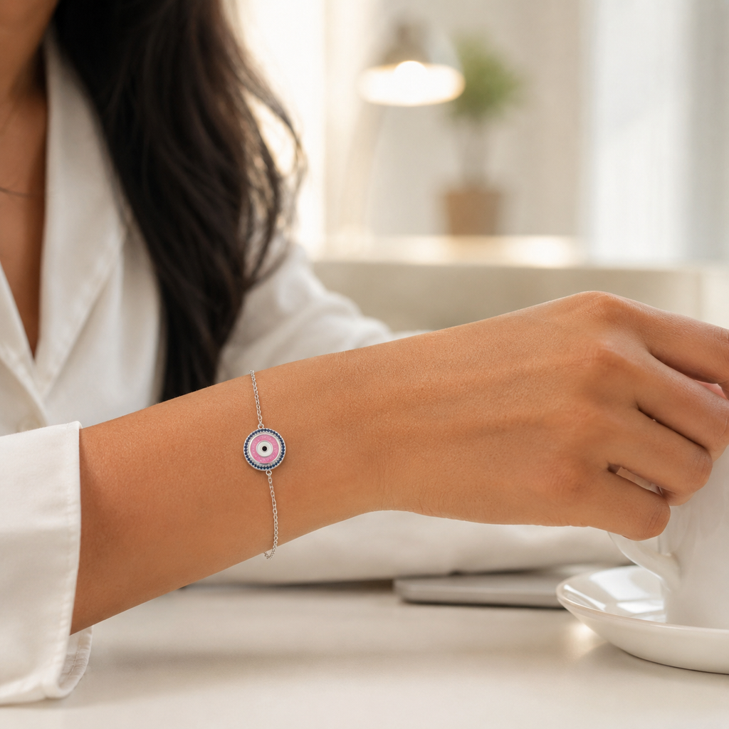 Sterling Silver Pink Evil Eye Charm Bracelet