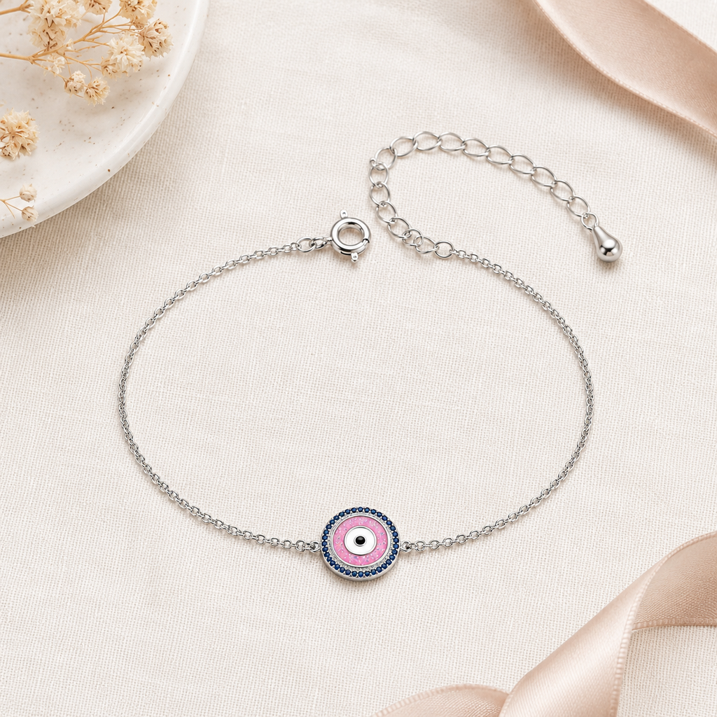 Sterling Silver Pink Evil Eye Charm Bracelet