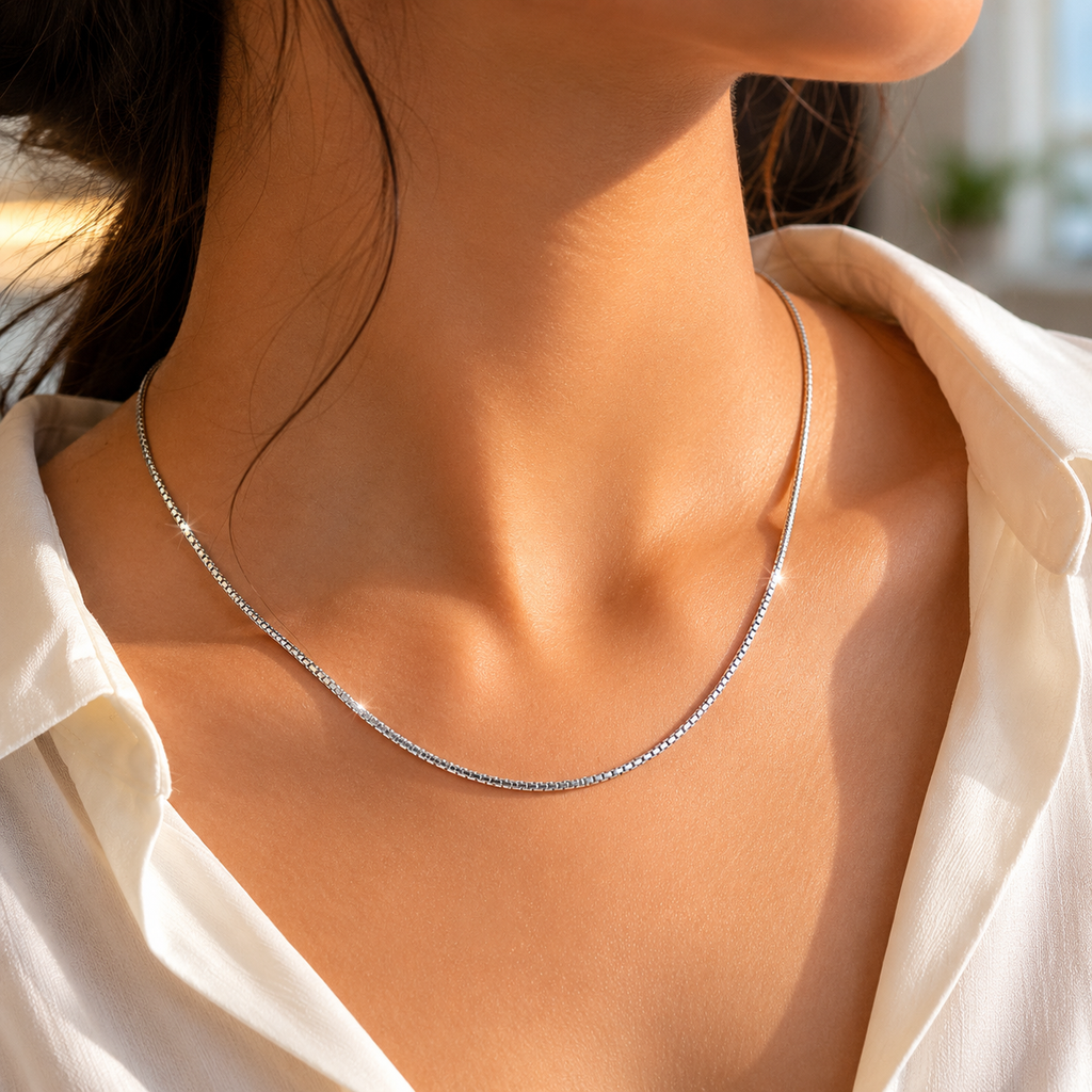Sleek Rhodium Plated Sterling Silver Box Chain
