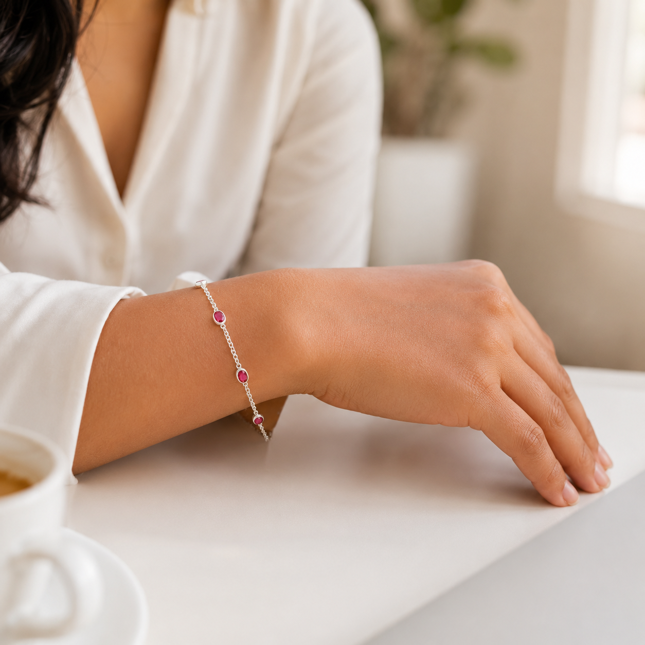 Dainty Ruby Gemstone Sterling Silver Bracelet