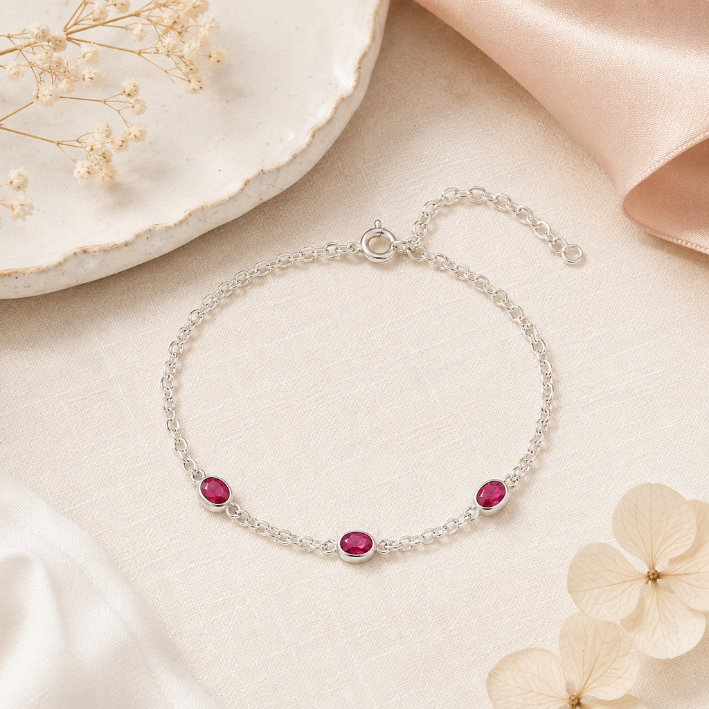 Dainty Ruby Gemstone Sterling Silver Bracelet
