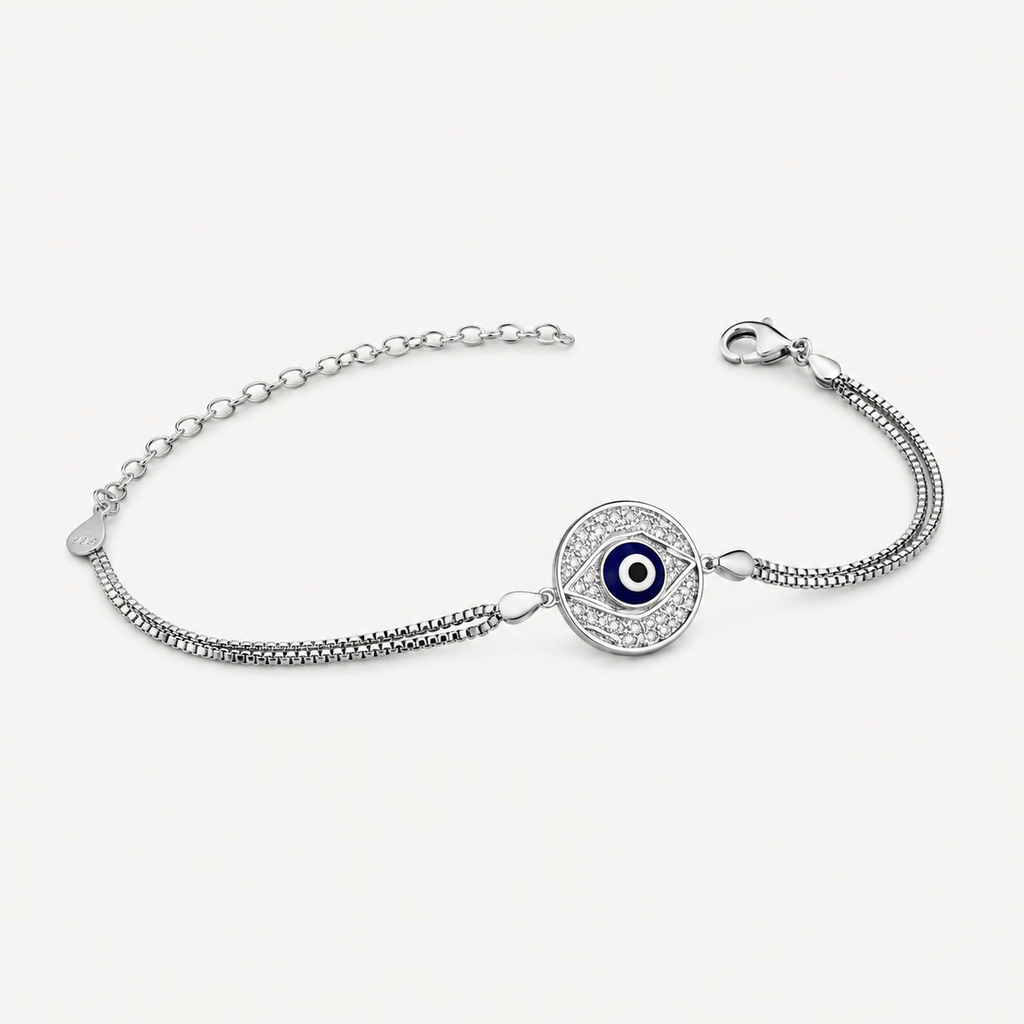Dazzling Evil Eye Charm Silver Bracelet