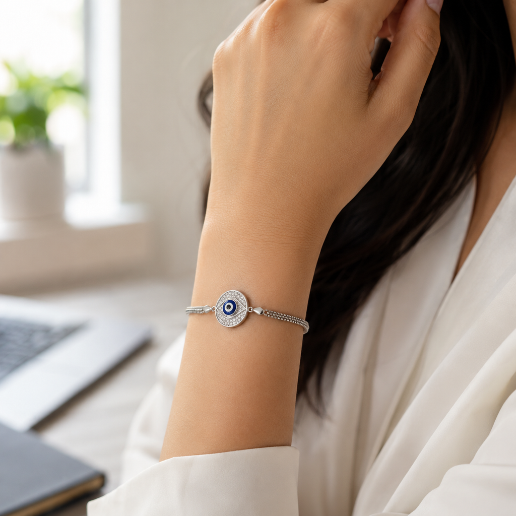 Dazzling Evil Eye Charm Silver Bracelet