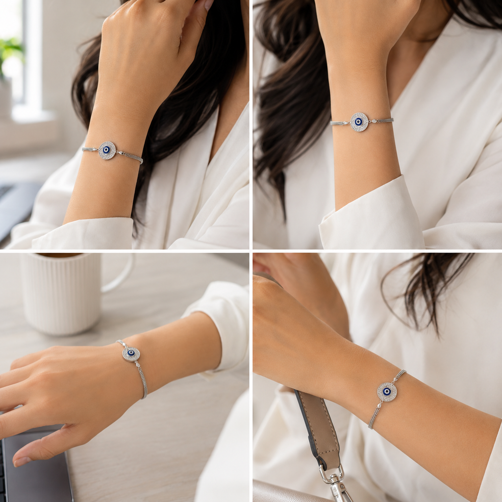 Dazzling Evil Eye Charm Silver Bracelet