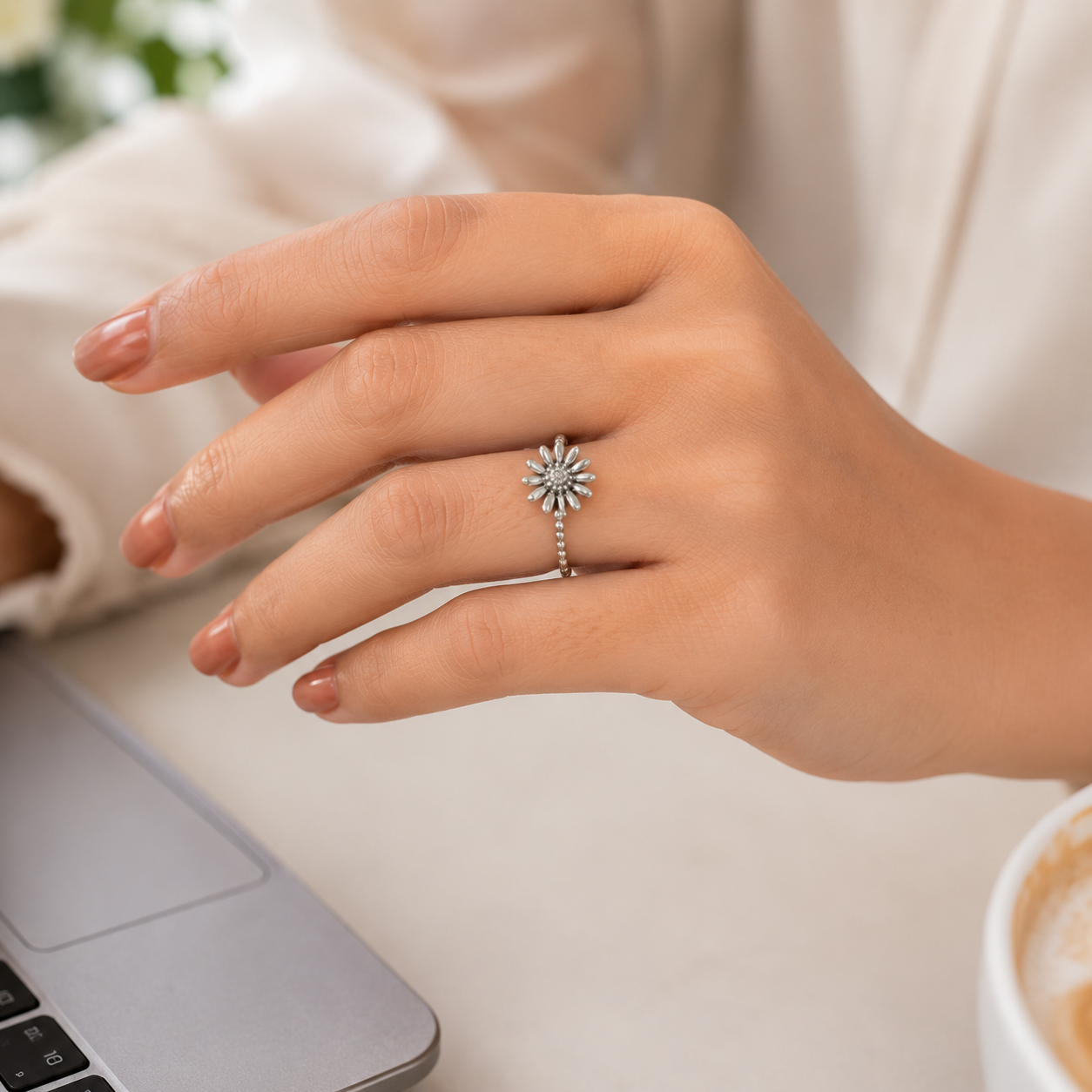 Sunflower Beaded Silver Ring