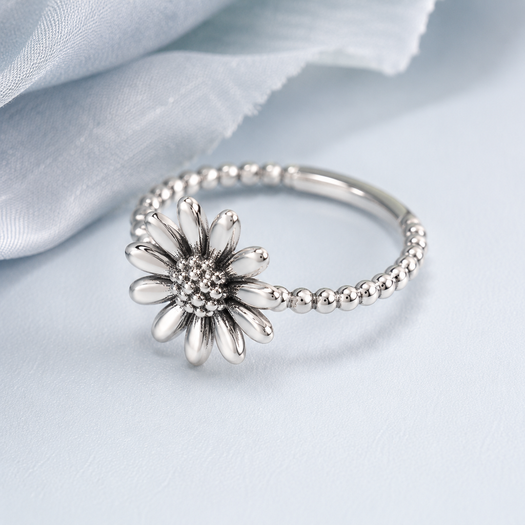 Sunflower Beaded Silver Ring