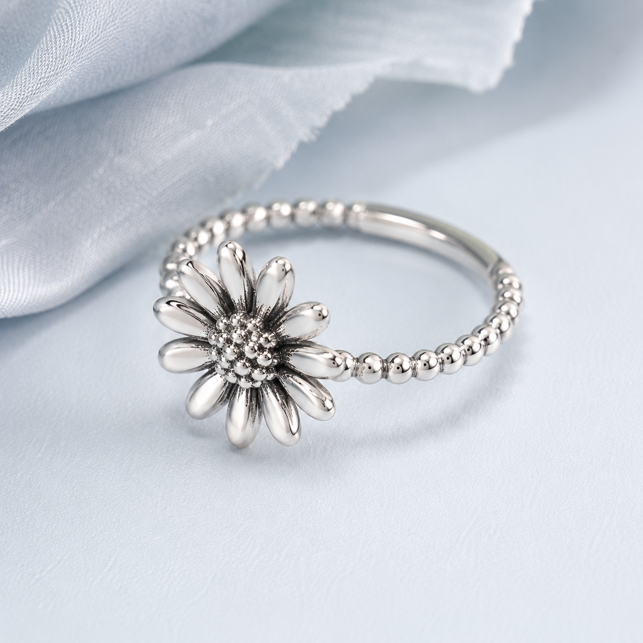Sunflower Beaded Silver Ring