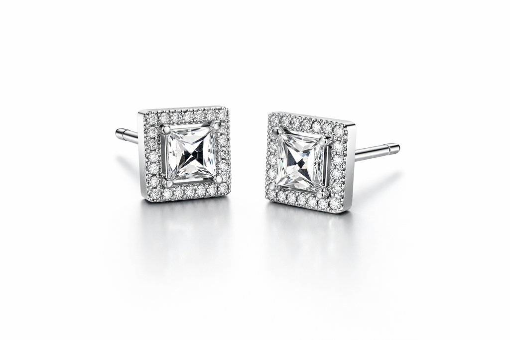 Square Princess Cut Halo Stud Earrings