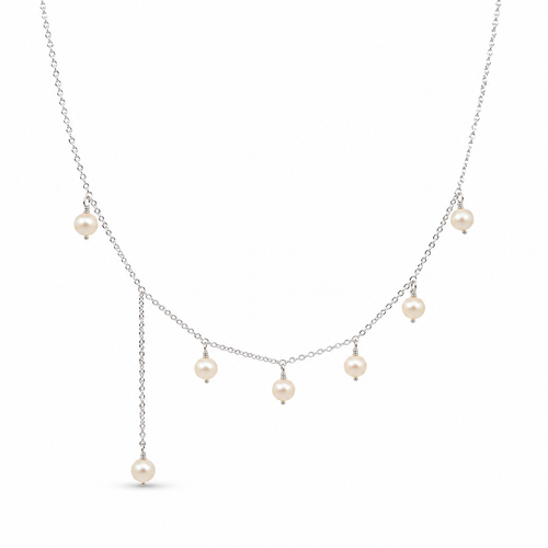 A delicate silver-toned necklace featuring five small, round off-white pearl drops arranged in a cascading V-shape on a plain white background.