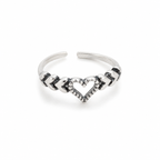 A silver-toned toe ring featuring a central heart design with small clear stones and alternating polished and textured chevron details, shown on a plain white background.
