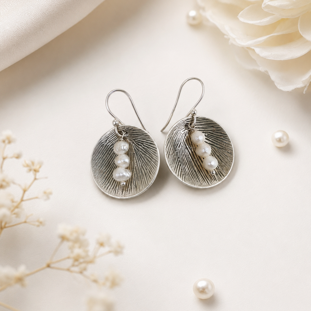 A pair of silver drop earrings with textured circular discs and three white pearl drops, displayed on a cream surface with decorative white fabric, dried flowers, and loose pearls.