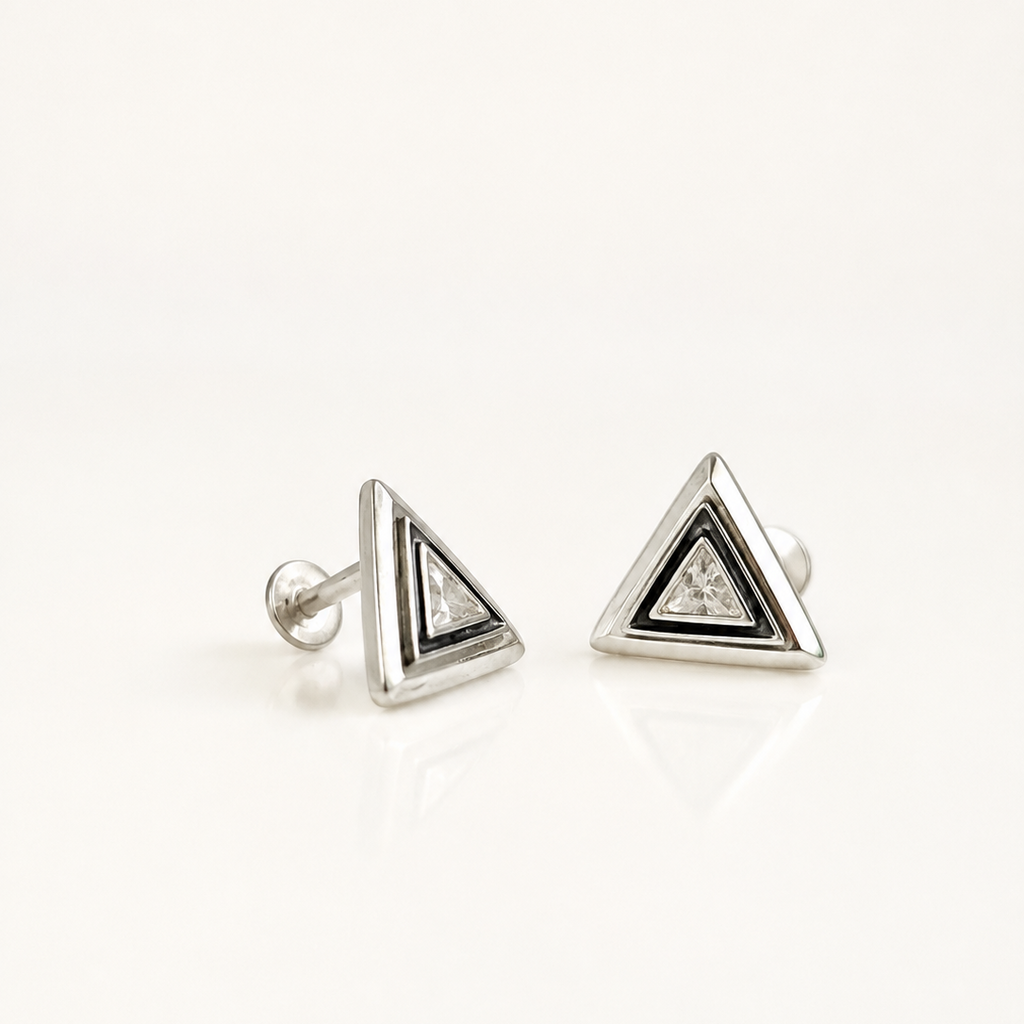 Geometric Sparkle Triangle Silver Stud Earrings