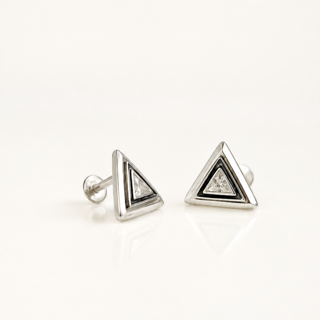 Geometric Sparkle Triangle Silver Stud Earrings