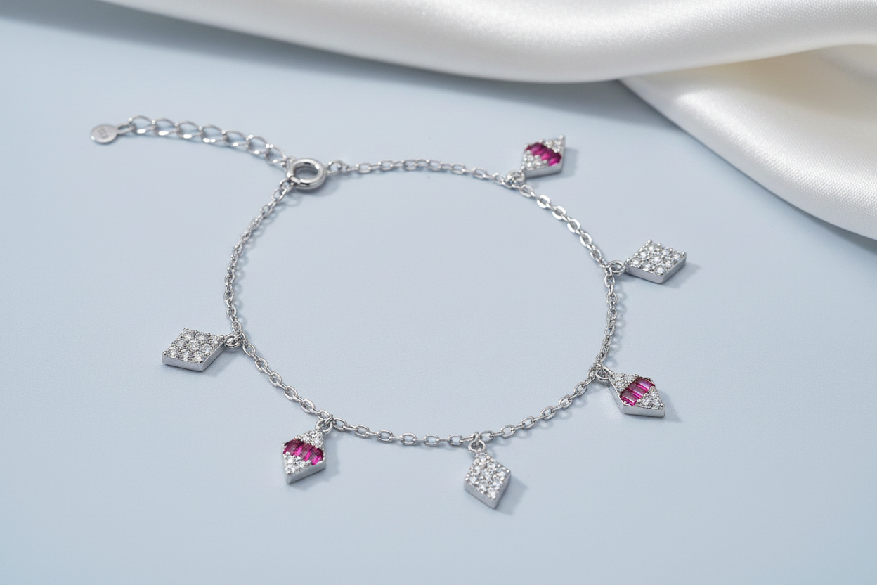 Dazzling Rhombus Pink Stone Anklet — Editorial Shot