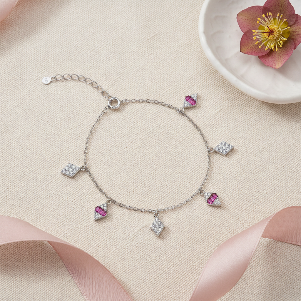 Dazzling Rhombus Pink Stone Anklet – Flat Lay