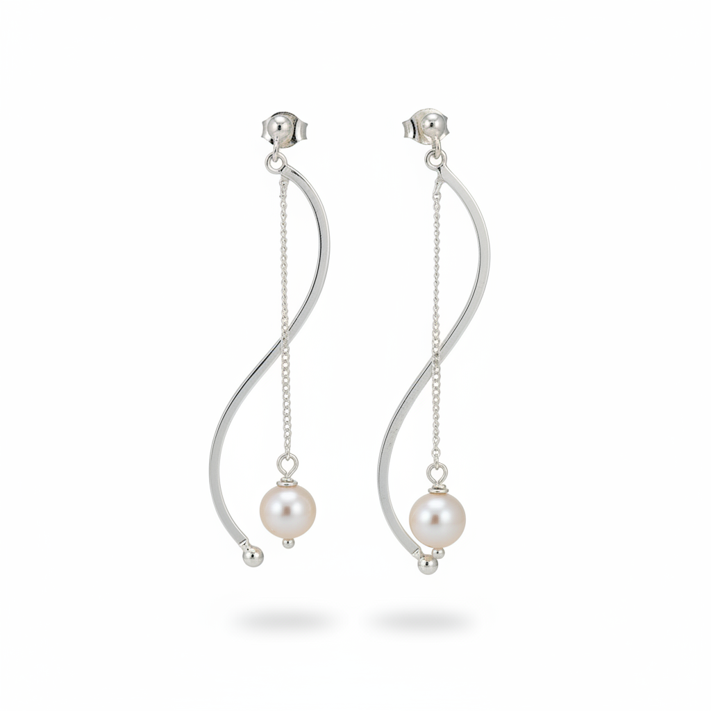 Designer S-Curve Pearl Drop Earrings — Commercial Product Shot