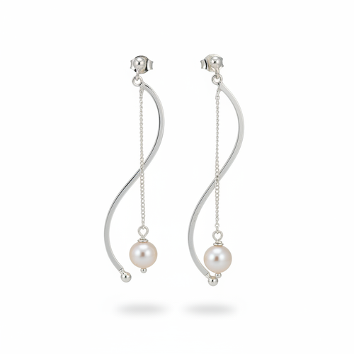 Designer S-Curve Pearl Drop Earrings — Commercial Product Shot