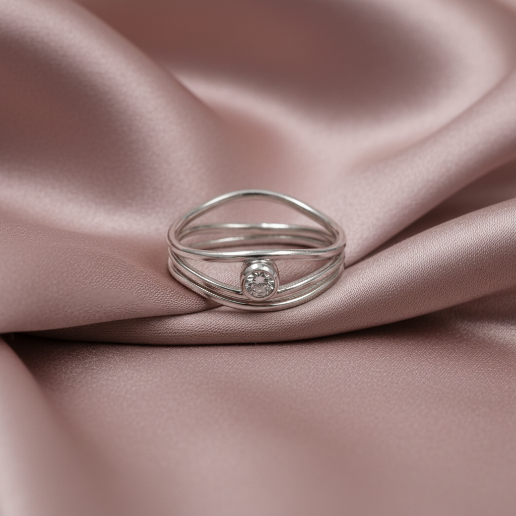 Elegant Multi Band Silver Ring on Dusty Rose Silk