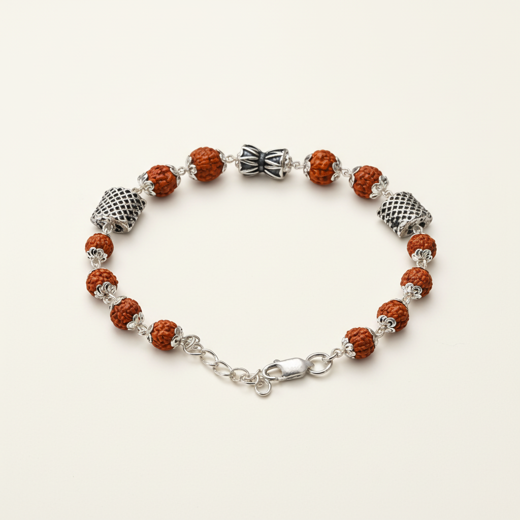 Handcrafted Rudraksha & Oxidised Silver Bracelet