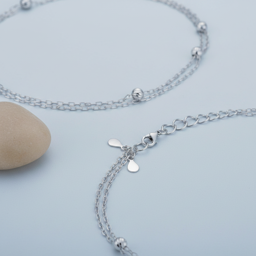 Rhodium Plated Double Chain Moti Payal Set - 925 Sterling Silver Anklet Close-Up Detail Shot | Polished Finish & Craftsmanship | Athira