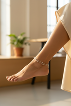 Rhodium Plated Double Chain Moti Payal Set - 925 Sterling Silver Anklet Worn Lifestyle Photo | How It Looks When Worn | Athira