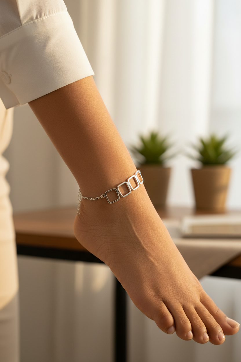 Geometric Square Sterling Silver Anklet worn on ankle outdoors - natural lifestyle shot