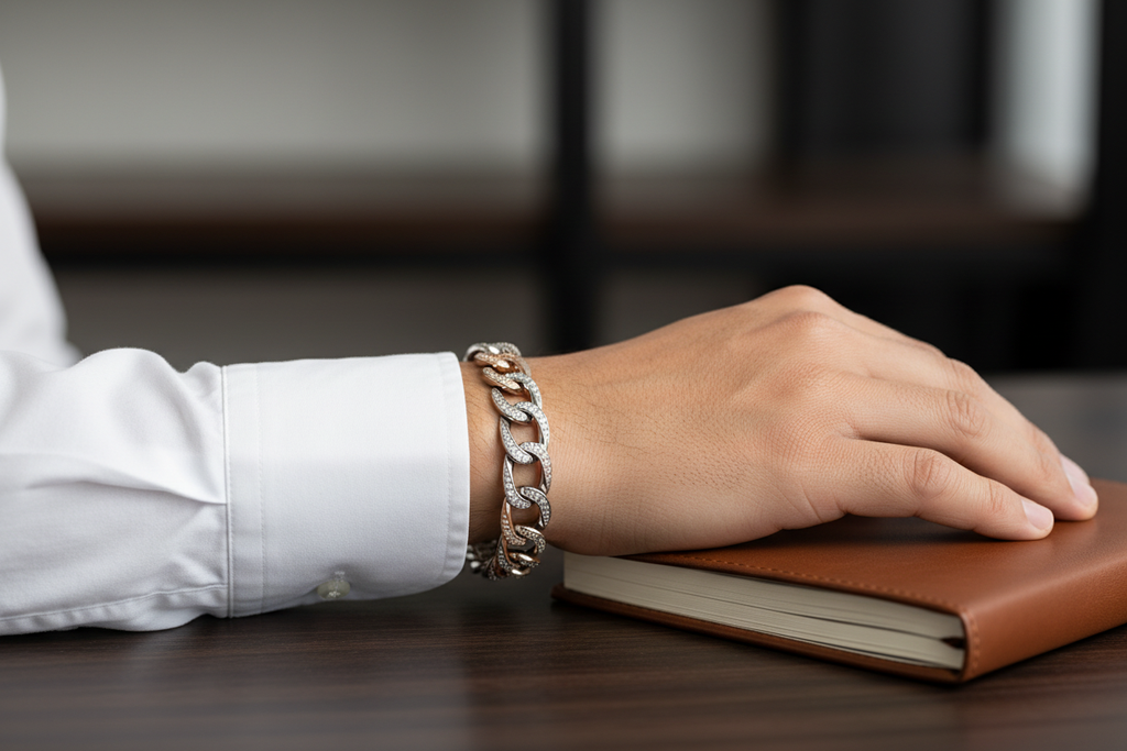 Luxe Bracelet — Indian Male Wrist, Dark Wood Desk