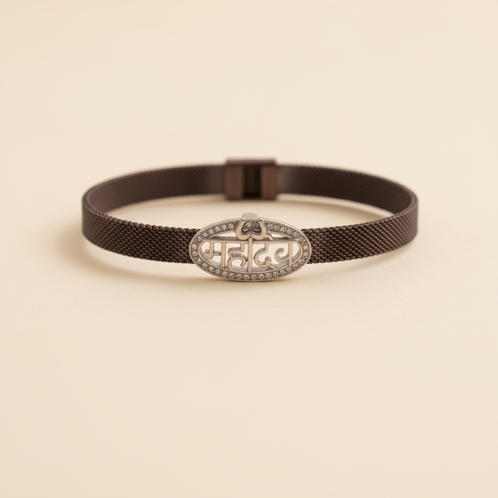 Mahadev Silver Mesh Bracelet – Cream Background Side Angle