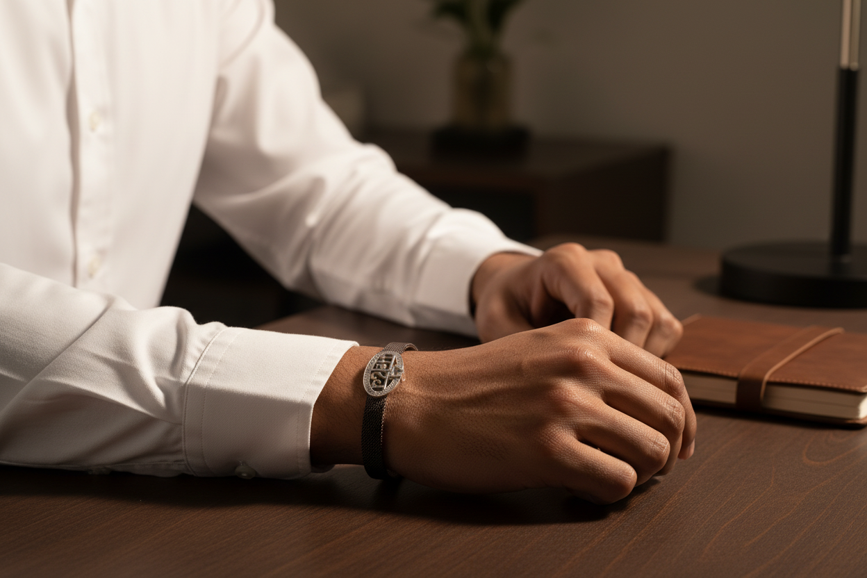 Mahadev Silver Mesh Bracelet – Young Indian Man Lifestyle Shot