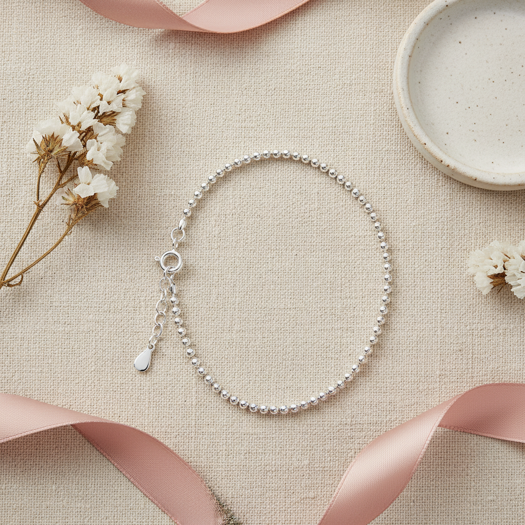 Minimalist Sterling Silver Beaded Anklet – Flat Lay