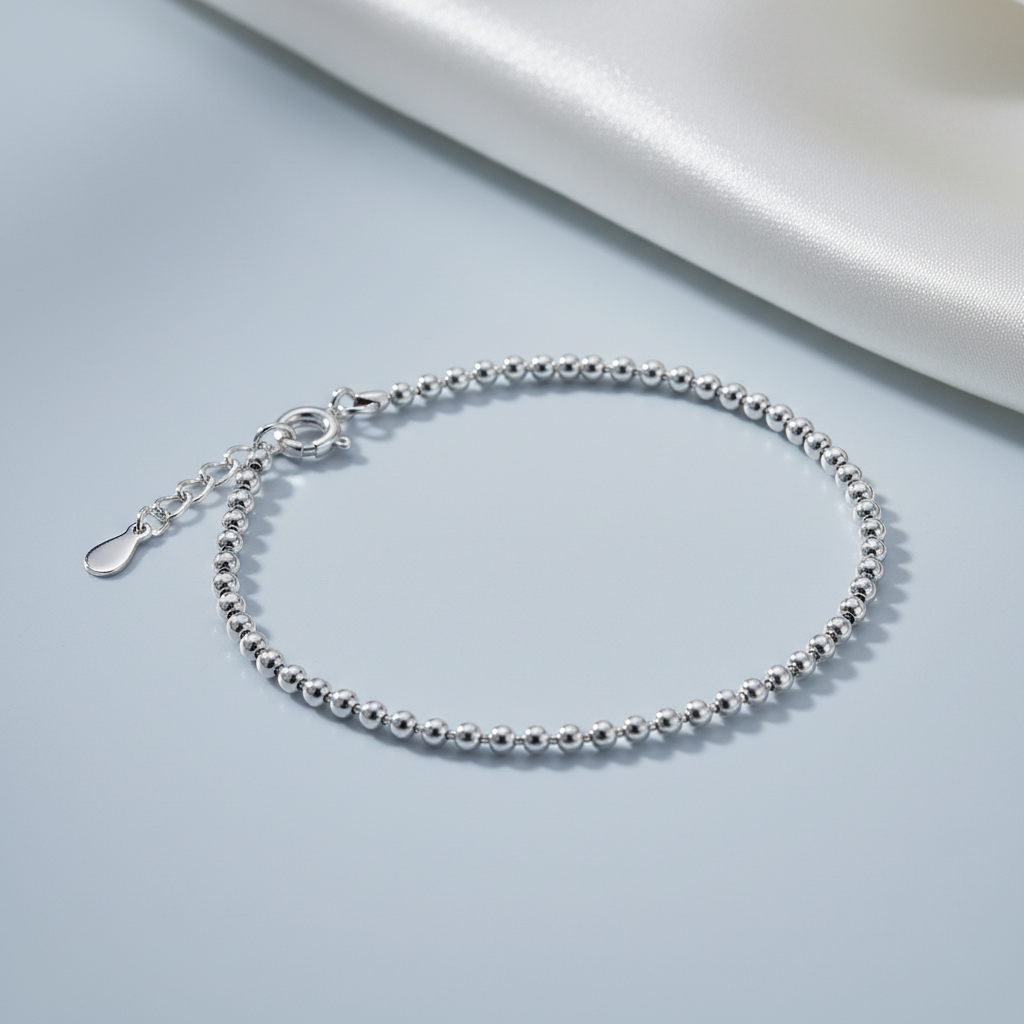 Minimalist Sterling Silver Beaded Anklet – Macro Blue-Grey