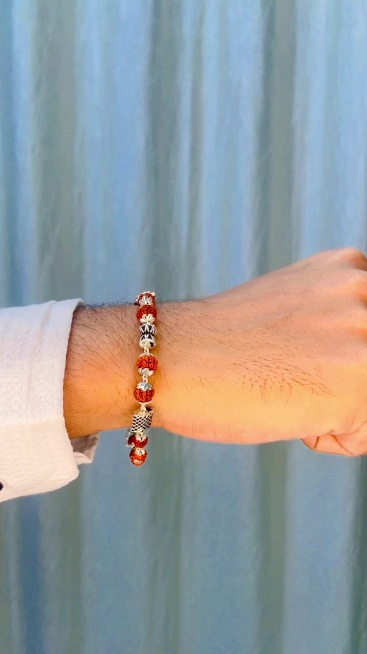 Handcrafted Rudraksha & Oxidised Silver Bracelet