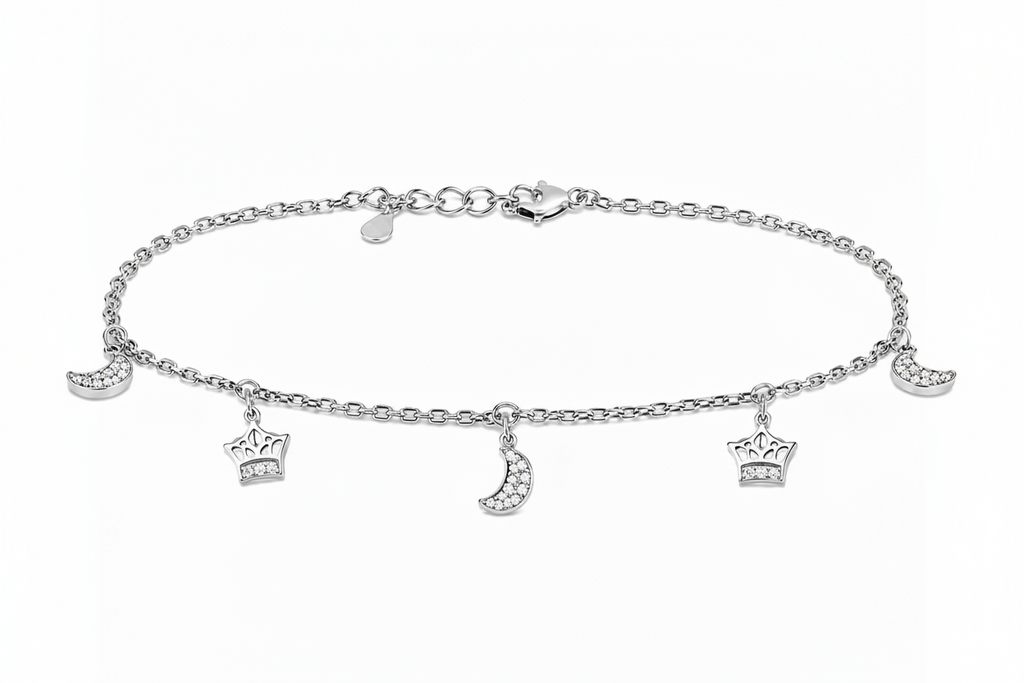Sterling Silver Moon and Crown Charm Anklet