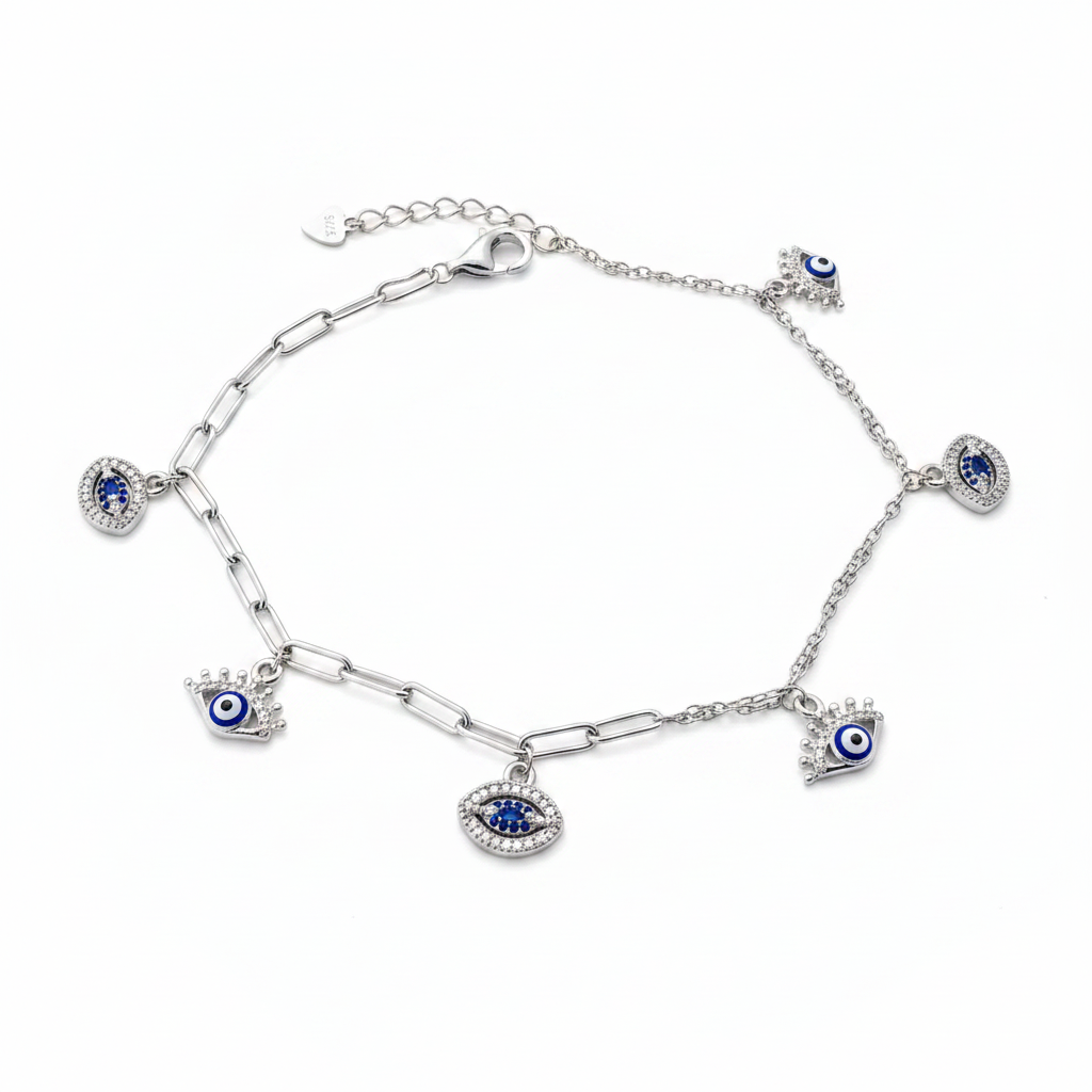 Rhodium Plated Evil Eye Charm Silver Anklet — Commercial Product Photo