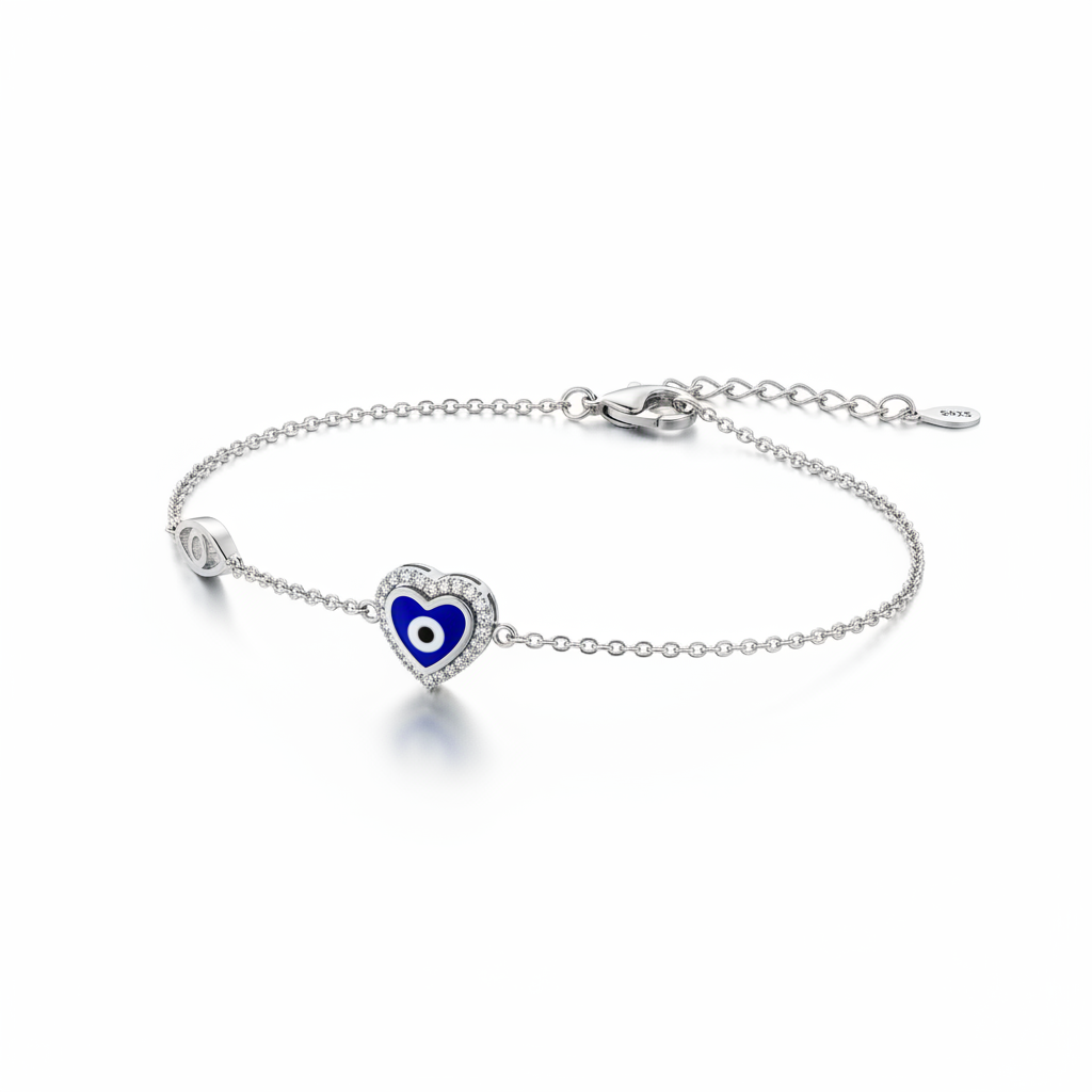 Rhodium Plated Evil Eye Heart Bracelet — Commercial Product Photo